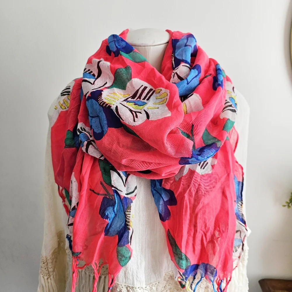Aerie Floral Vibrant Multicolored Fringed Lightweight Scarf All Over Print